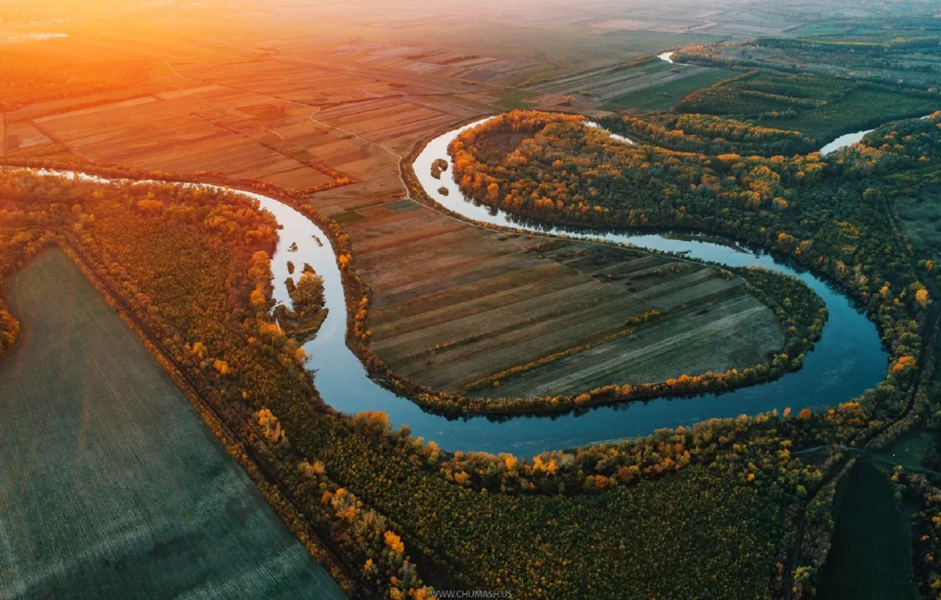 Фото обои осень, река, восход солнца, дрон, Молдова, Прут