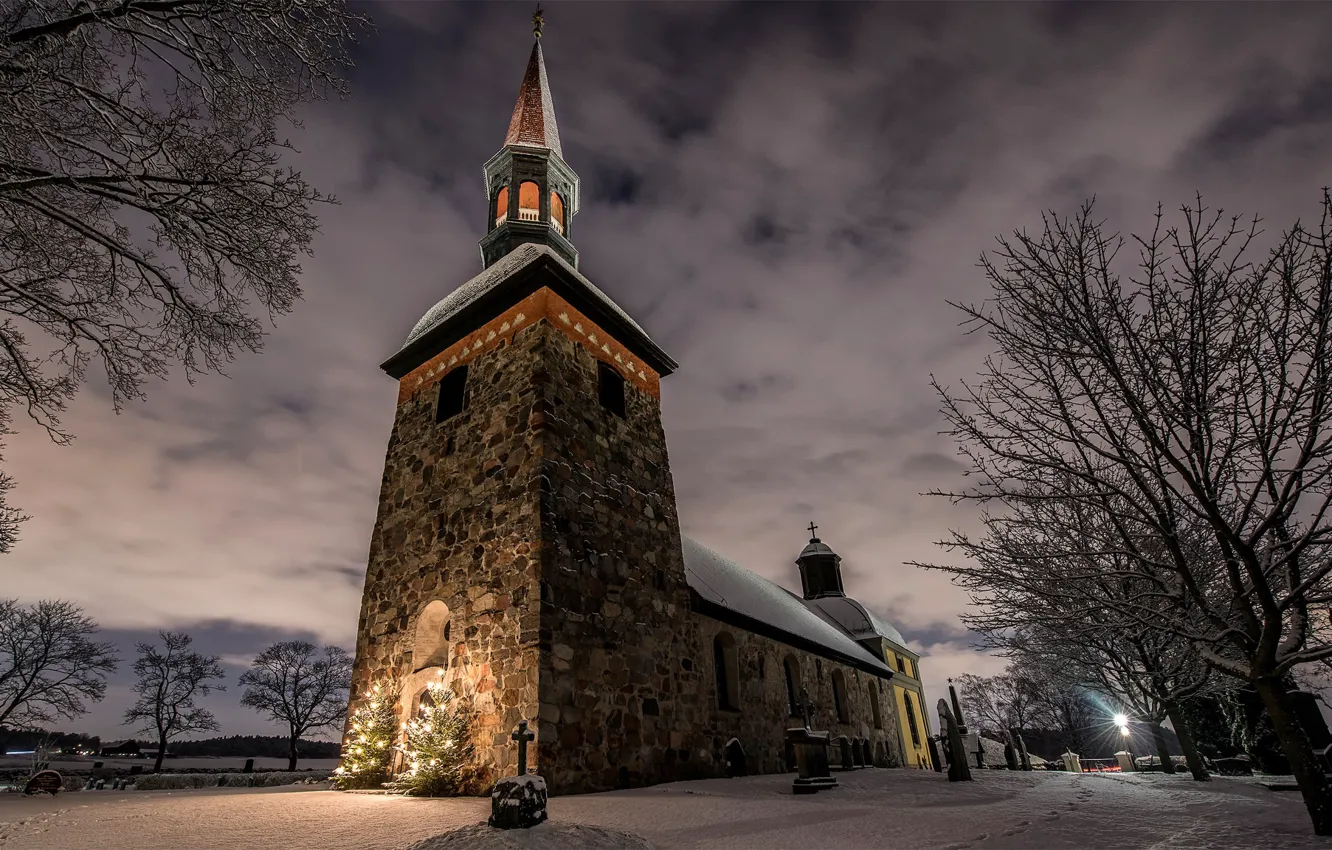 Фото обои вечер, Швеция, Sweden, Stockholm, посветка, Drottningholm, Lovö Kyrka