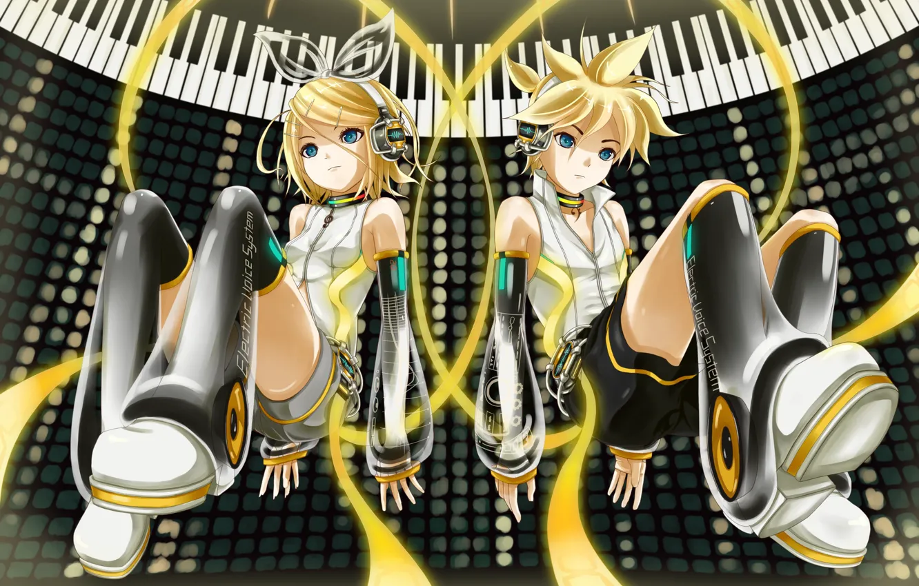 Фото обои ленты, клавиши, двое, Vocaloid, Вокалоид, Кагомине Лен, Кагомине Рин