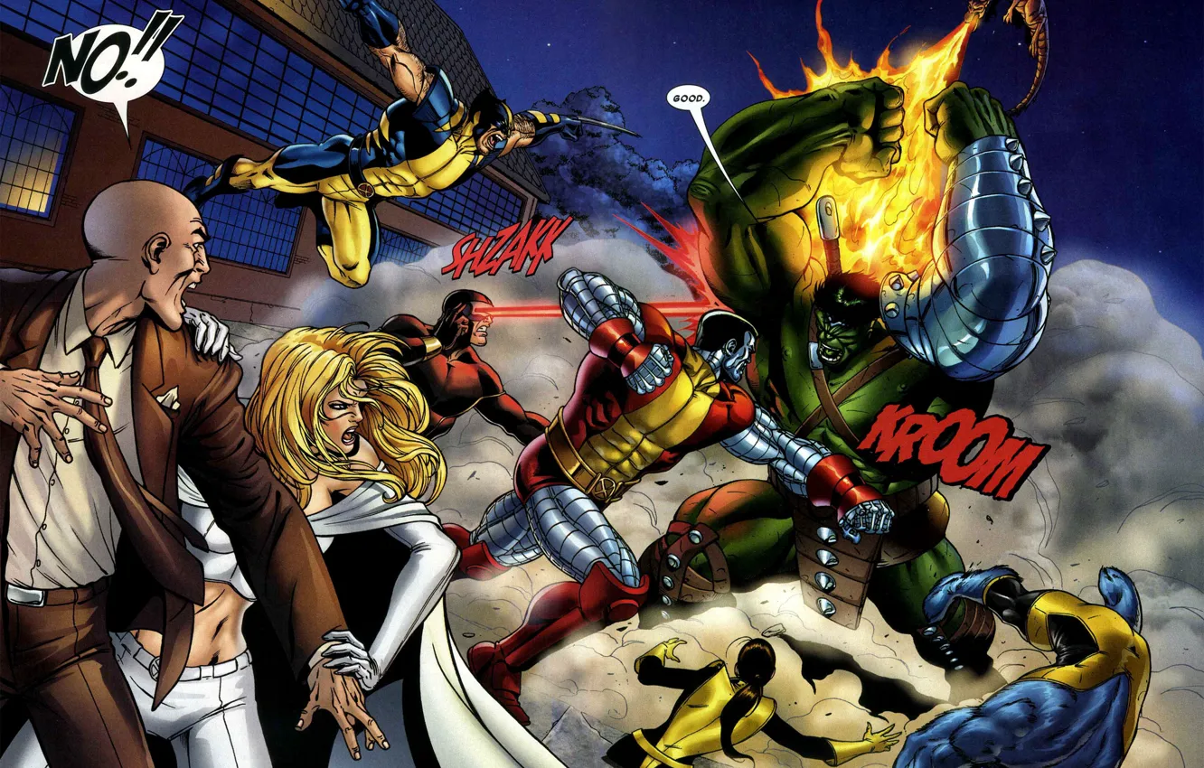 Фото обои битва, люди икс, Wolverine, marvel, комикс, comics, Emma Frost, hulk