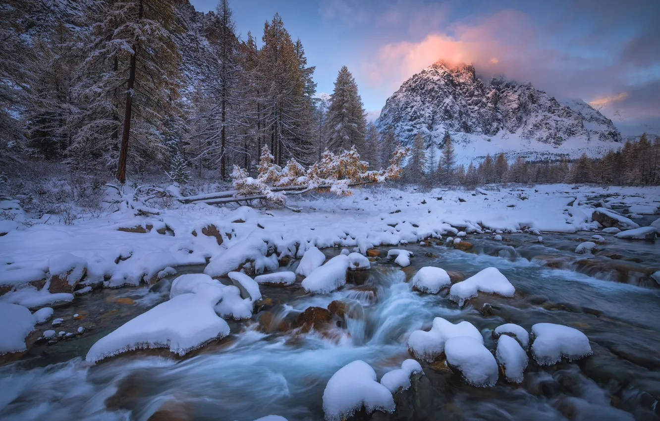 Фото обои зима, лес, небо, снег, пейзаж, горы, река, камни