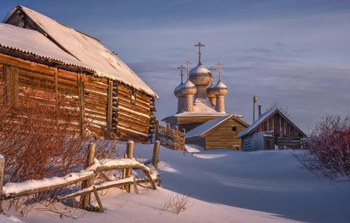 Фото обои пейзаж, церковь, январь, Архангельская область, Максим Евдокимов