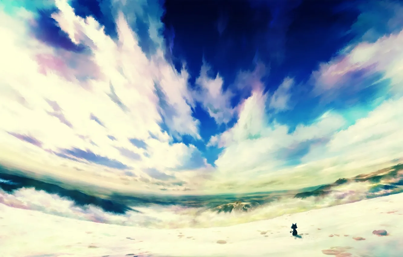 Фото обои небо, облака, горы, котенок, аниме, горизонт, neko