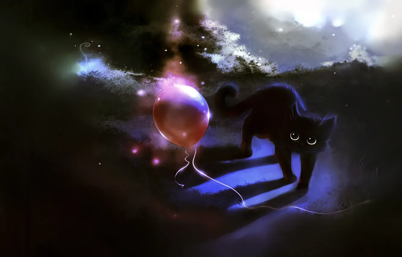 Фото обои кошка, кот, красный, воздушный шар, котенок, шарик, red, black