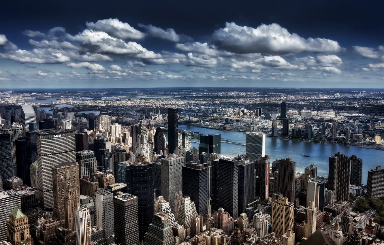 Фото обои облака, здание, Нью-Йорк, небоскребы, горизонт, мегаполис, New York