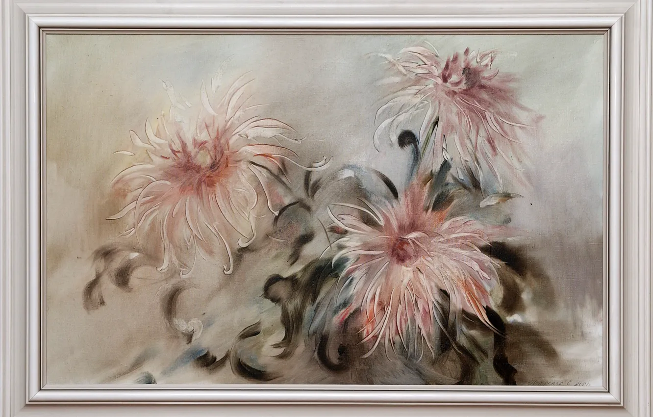 Фото обои картина, Натюрморт, три цветка, Сфумато, сувенирная живопись, Петренко Светлана, серо розовый фон