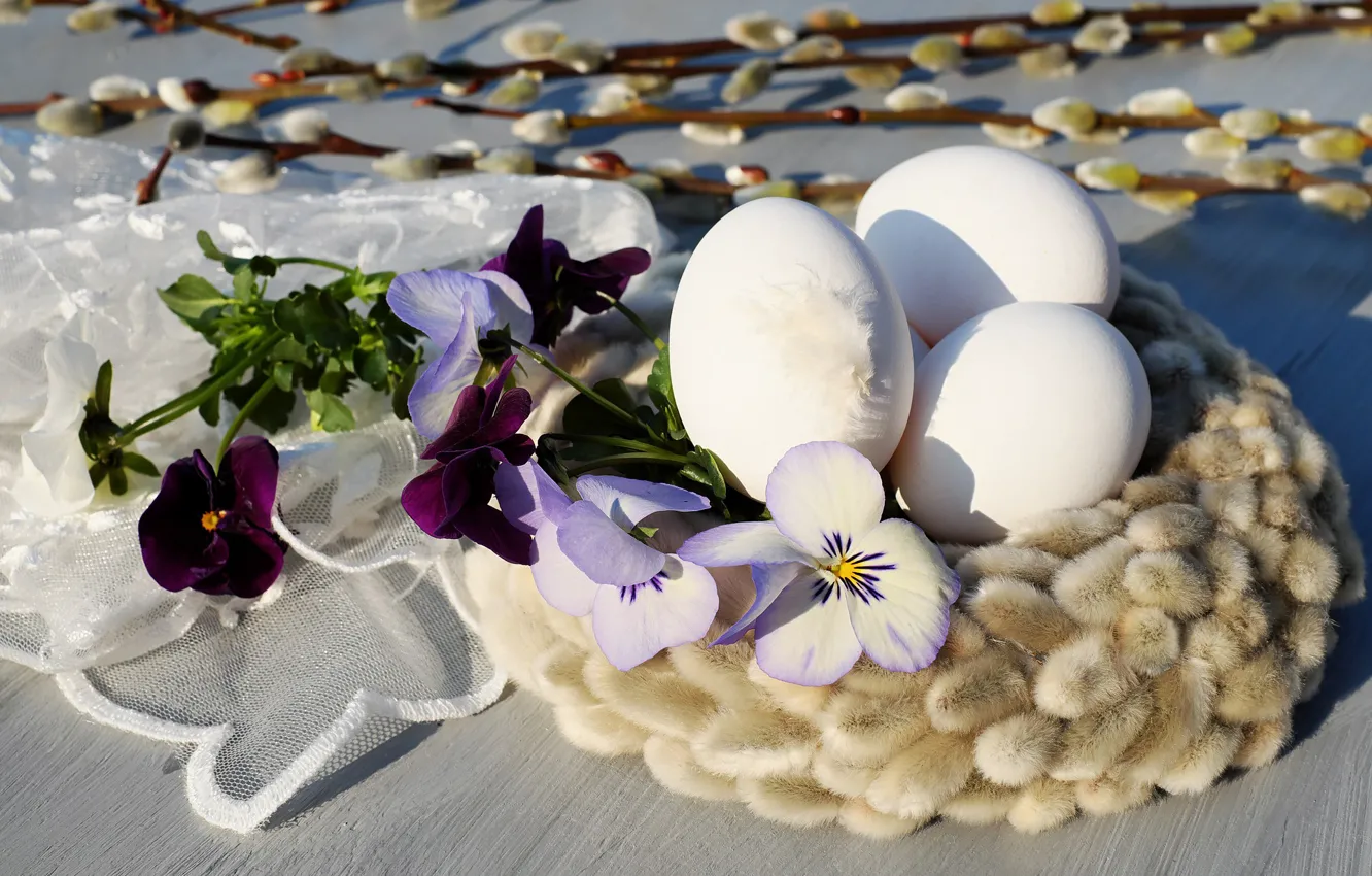 Фото обои цветы, яйца, Пасха, Праздник, верба