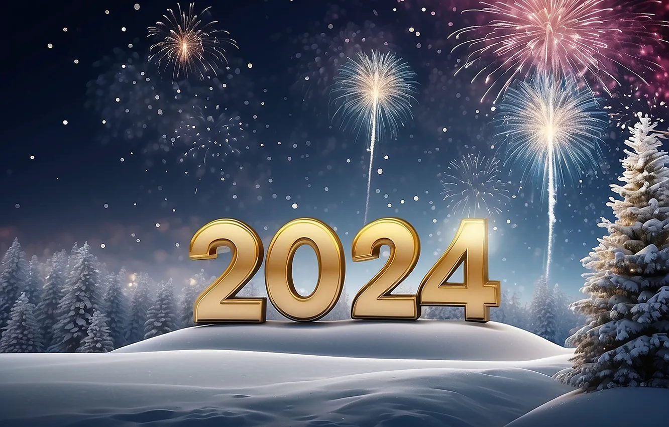 Фото обои салют, цифры, Новый год, golden, numbers, New year, 2024, fieworks