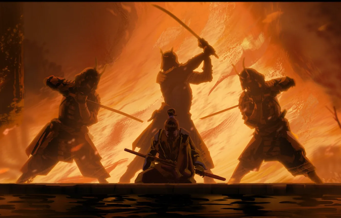 Фото обои fire, sword, fantasy, weapon, katana, fight, men, digital art