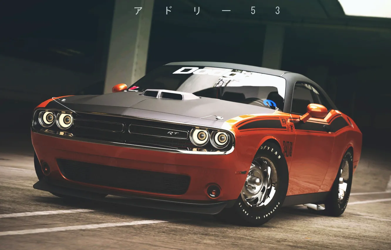 Фото обои Авто, Машина, Оранжевый, Dodge, Challenger, Фары, Dodge Challenger, Muscle car