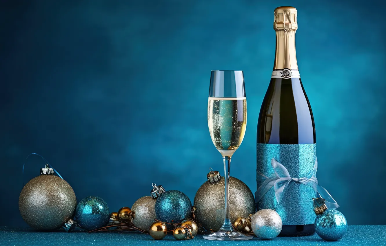 Фото обои украшения, золото, шары, Новый Год, бокалы, golden, new year, шампанское