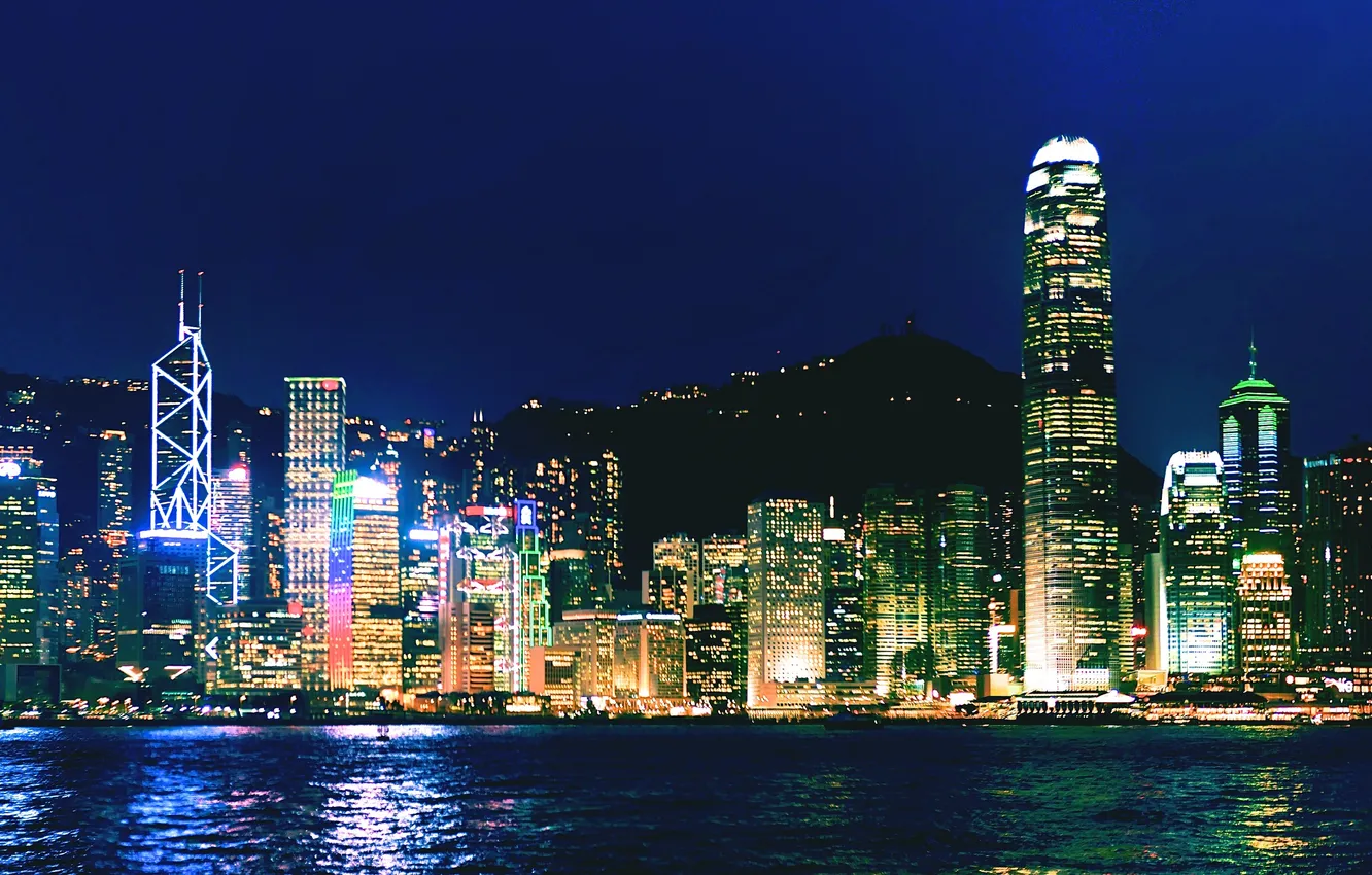 Фото обои ночь, город, Гонконг, панорама, Hong Kong