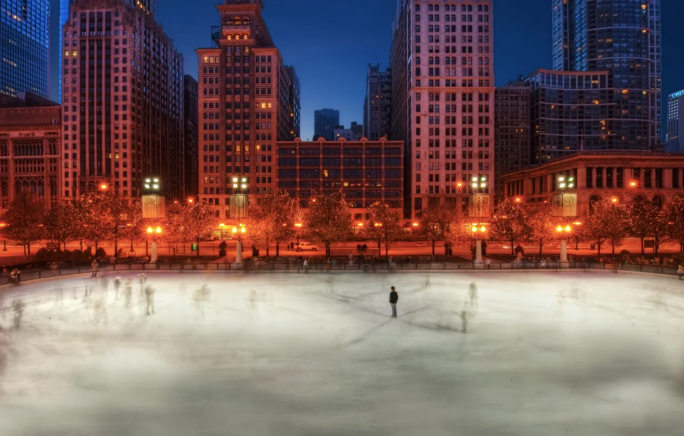 Фото обои зима, город, вечер, Чикаго, каток, США, Chicago, illinois
