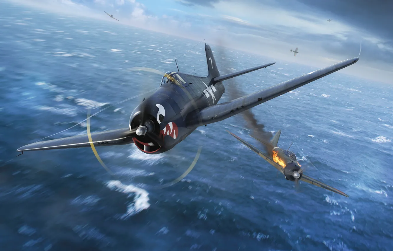 Фото обои Grumman, WWII, F6F-5, Боевой самолёт, Палубная авиация