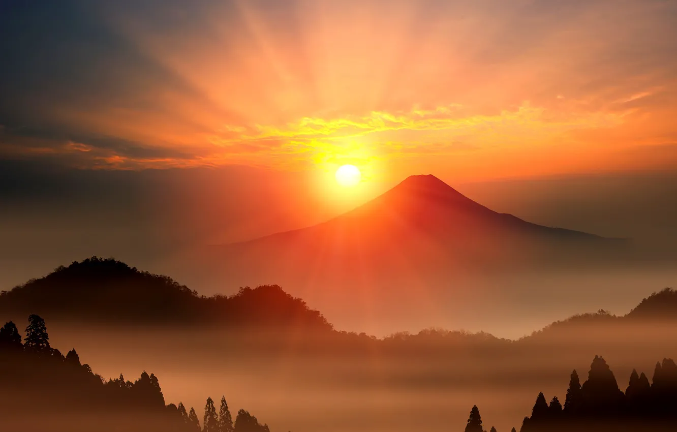 Фото обои солнце, рассвет, гора, вулкан, Япония, Фудзияма