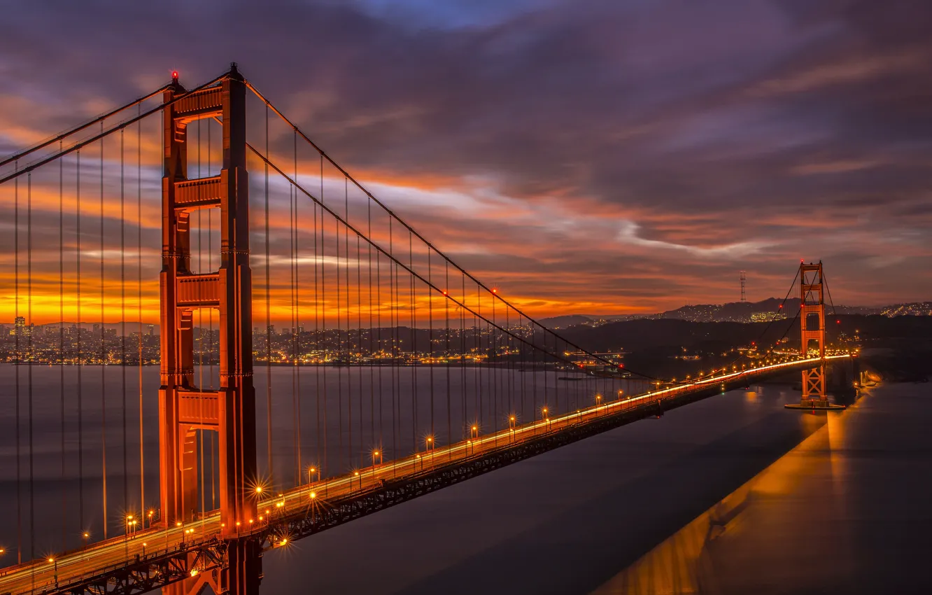 Фото обои мост, огни, вечер, Калифорния, Сан-Франциско, Золотые ворота, сумерки