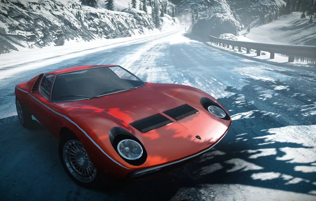 Фото обои снег, горы, гонка, фары, спорткар, классика, Need for Speed The Run, Lamborghini Miura SV