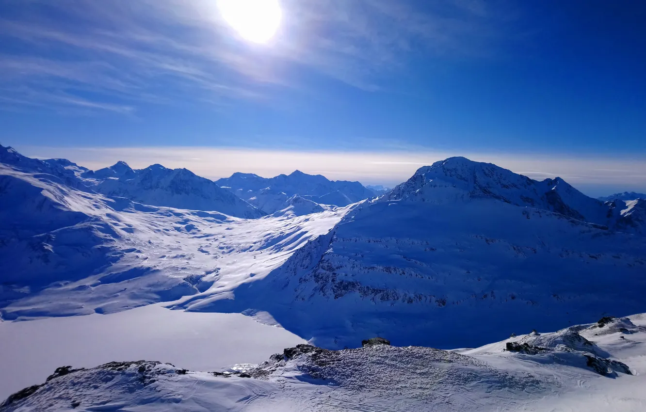 Фото обои зима, солнце, снег, утро, landscape, winter, mountain, snow