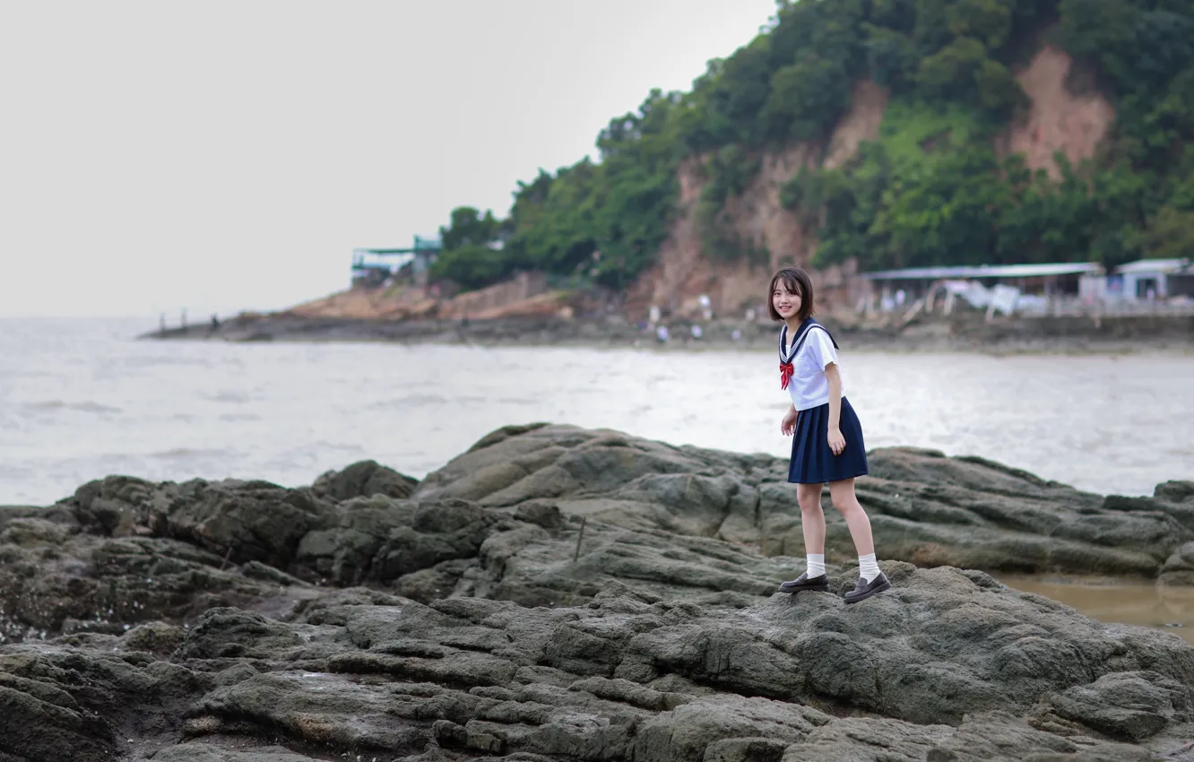Фото обои Asian, Model, Beach, Woman, Pretty, Japanese, Uniform, Shore
