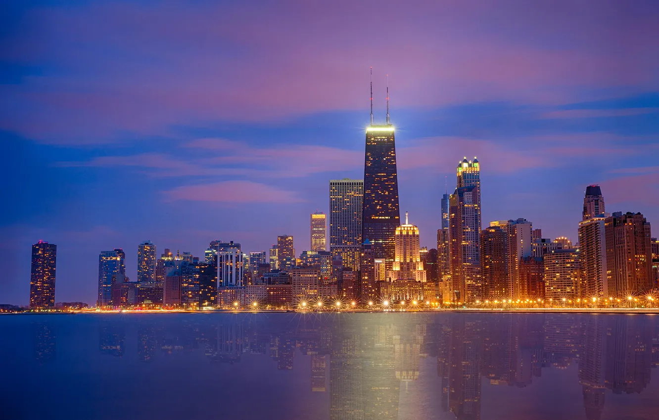 Фото обои ночь, огни, небоскребы, USA, чикаго, Chicago, illinois