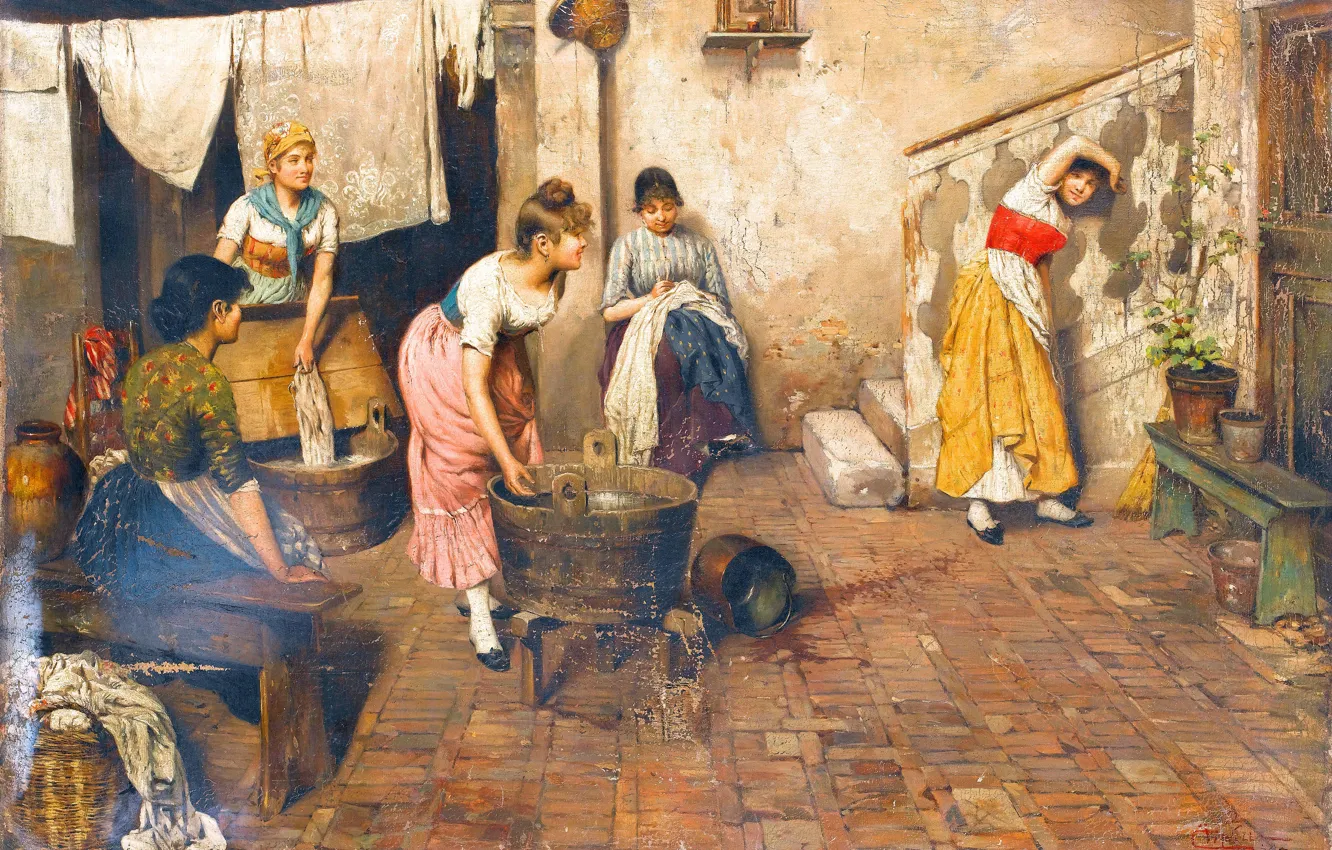 Фото обои Девушки, Картина, Чезаре Вианелло, Игривый момент, Cesare Vianello, Итальянский художник, Стирка
