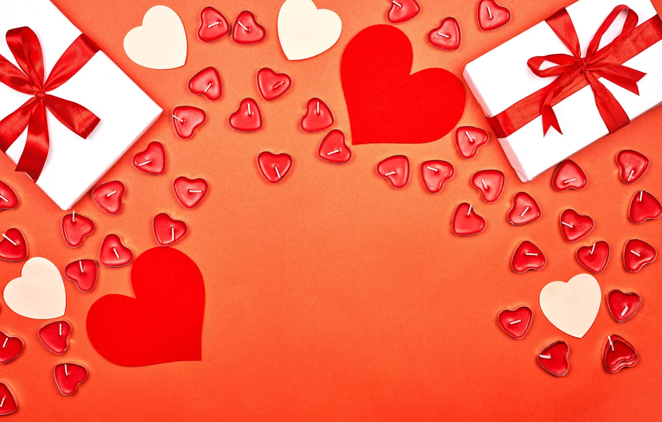 Фото обои фон, подарки, сердечки, красные, белые, бантики, День святого Валентина, ленточки