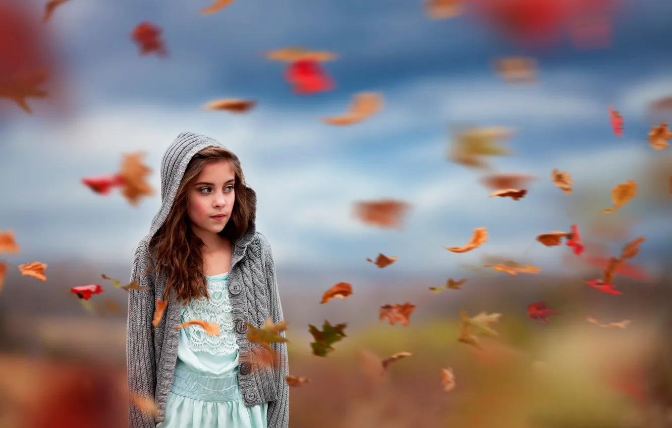 Фото обои осень, листья, ветер, девочка, Flurry