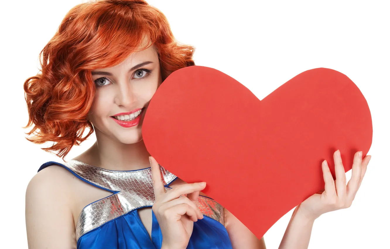 Фото обои red, girl, heart, woman, smile, day, hair, valentine