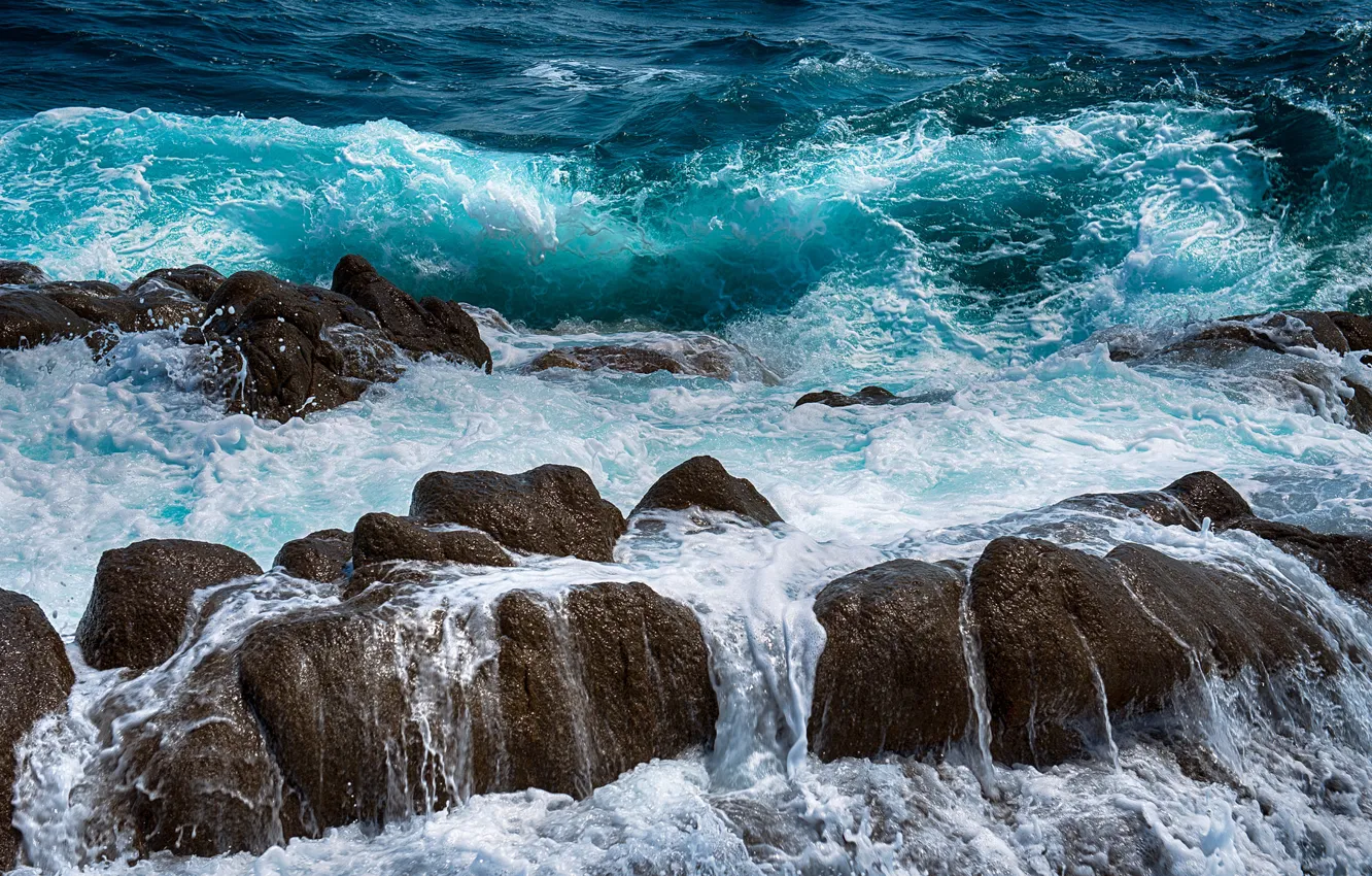 Фото обои море, волны, брызги, камни, скалы