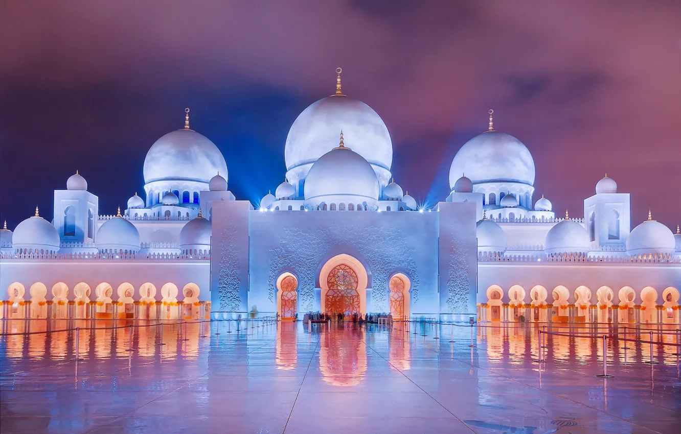 Фото обои вечер, освещение, мечеть, ОАЭ, купола, Мечеть шейха Зайда, Абу-Даби, ислам
