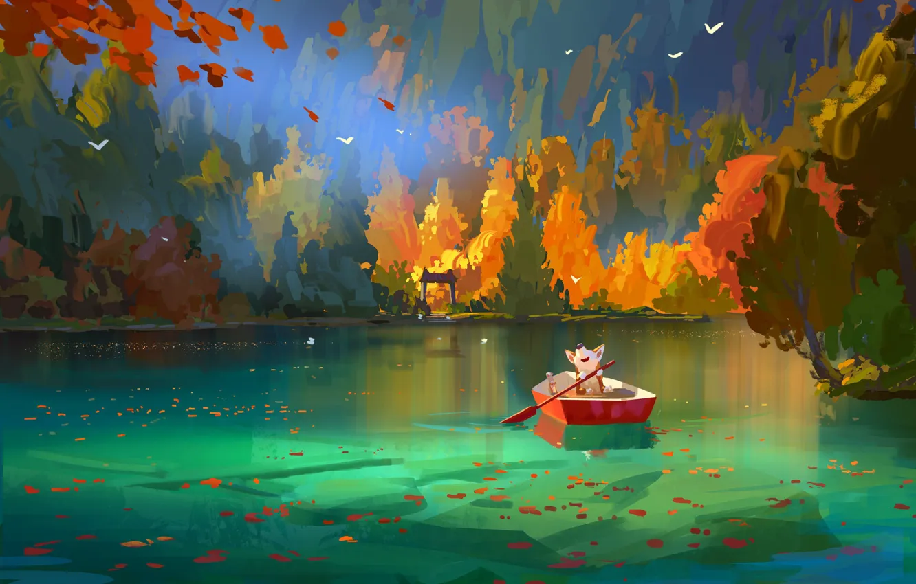 Фото обои осень, природа, озеро, лодка, мышка, корги