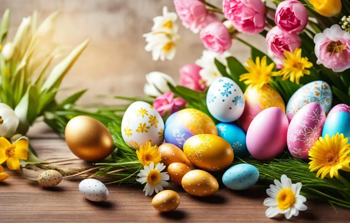 Фото обои цветы, яйца, весна, colorful, Пасха, happy, flowers, spring