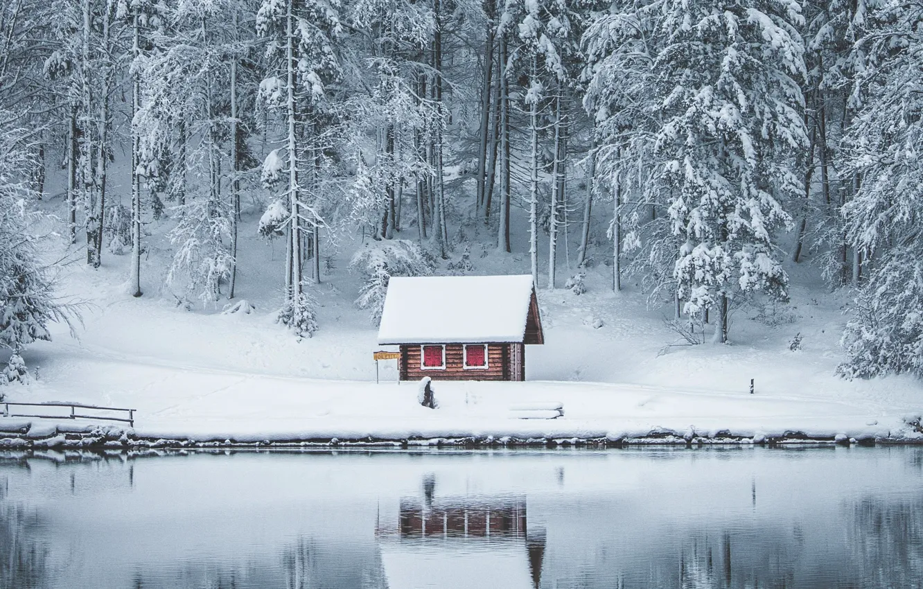 Фото обои ice, house, winter, lake, snow