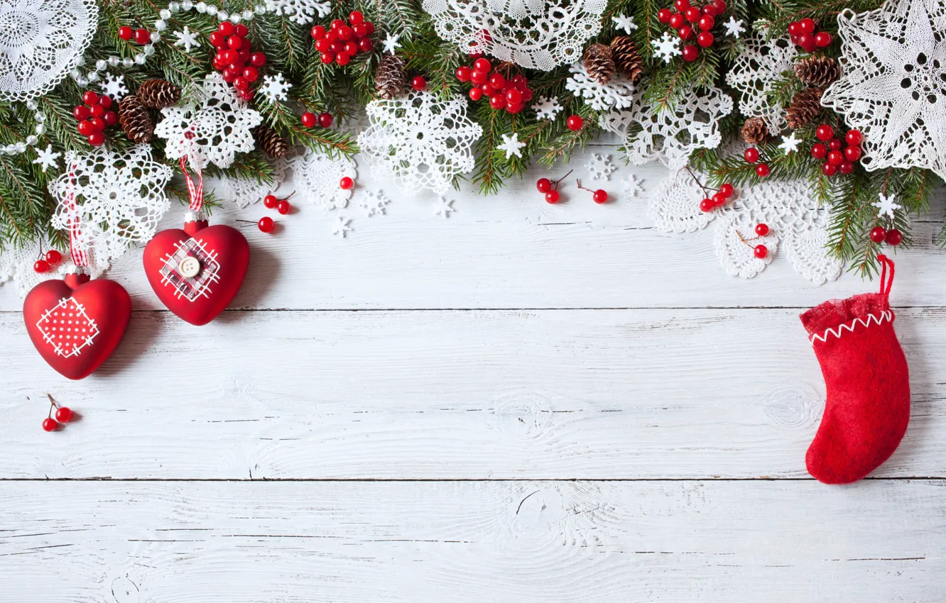 Фото обои украшения, снежинки, ягоды, елка, Новый Год, Рождество, сердечки, Christmas
