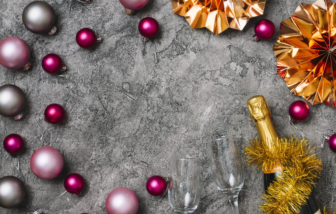 Фото обои украшения, шары, colorful, Новый Год, бокалы, Рождество, шампанское, Christmas
