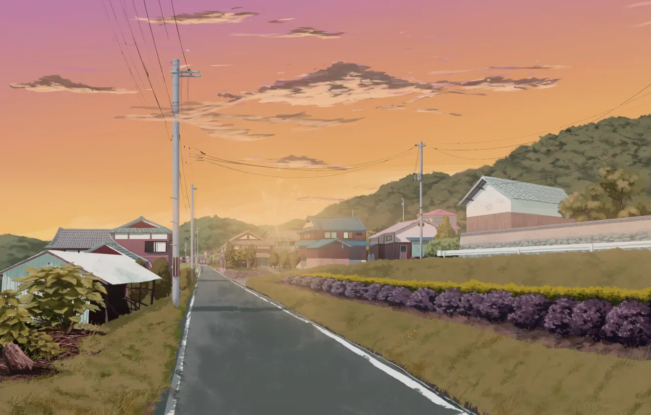 Фото обои дорога, зелень, небо, холмы, столбы, провода, дома, Япония