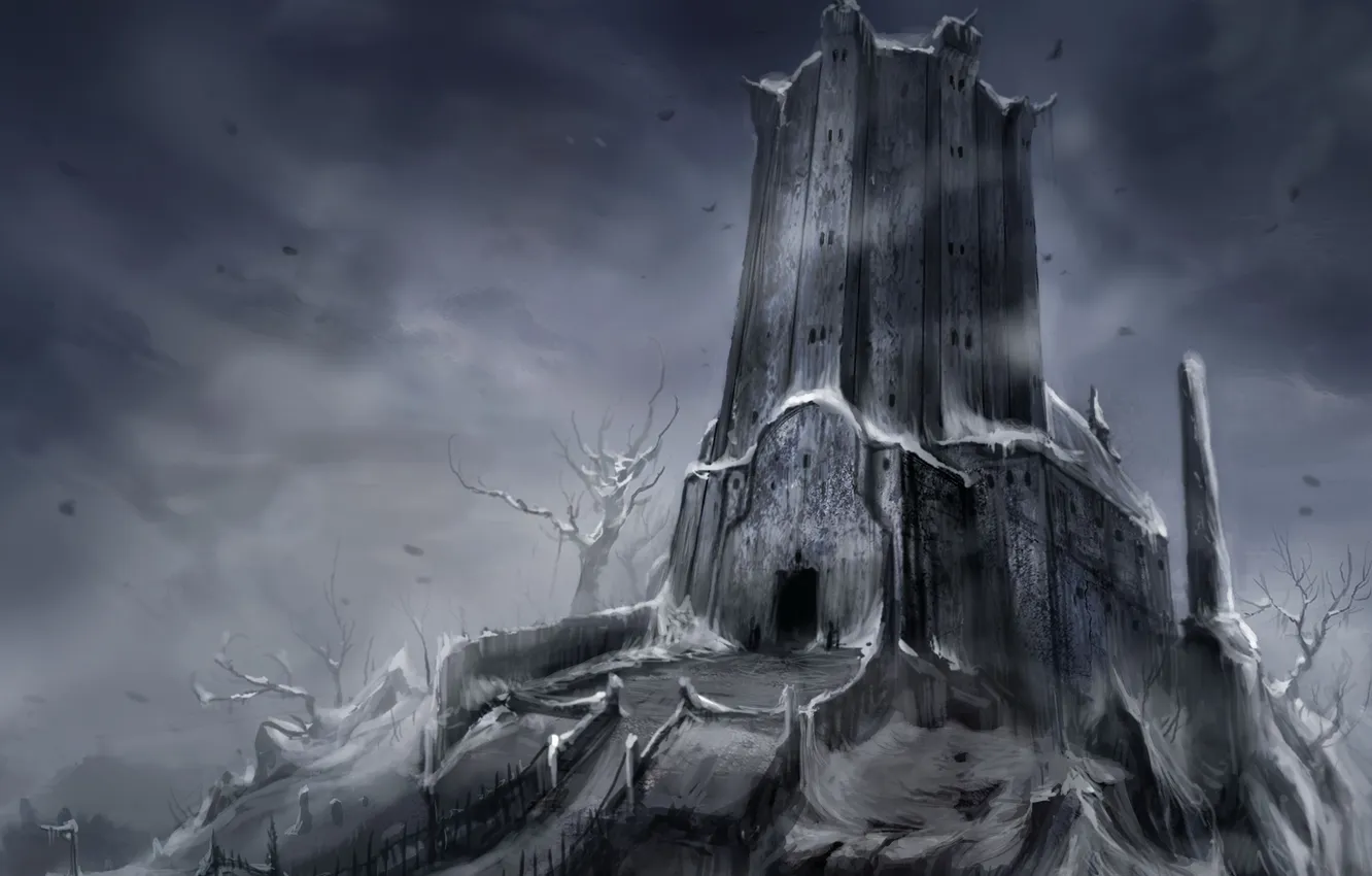 Фото обои зима, снег, деревья, замок, башня, арт, дорожка, крепость