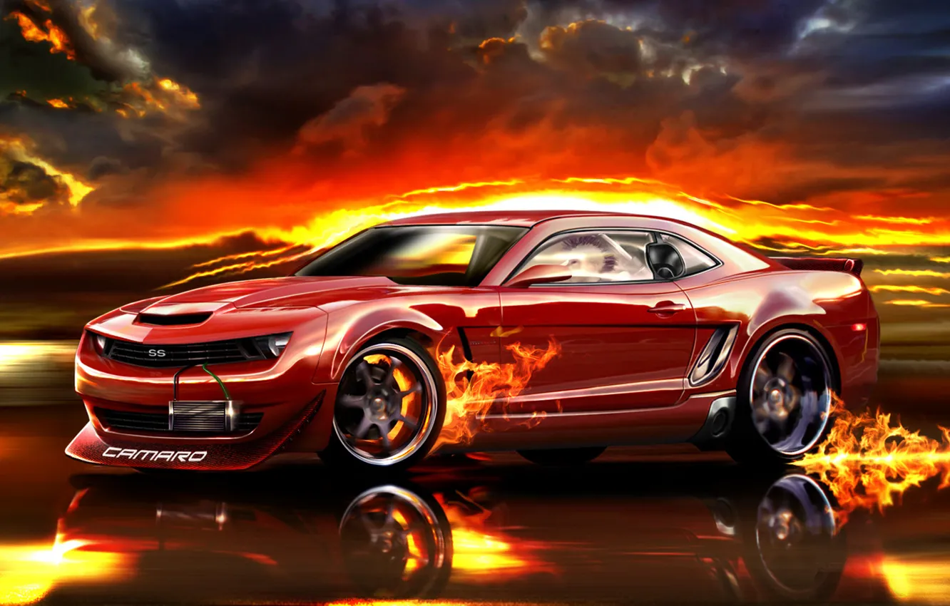 Фото обои дорога, красный, огонь, скорость, Camaro, автомобиль