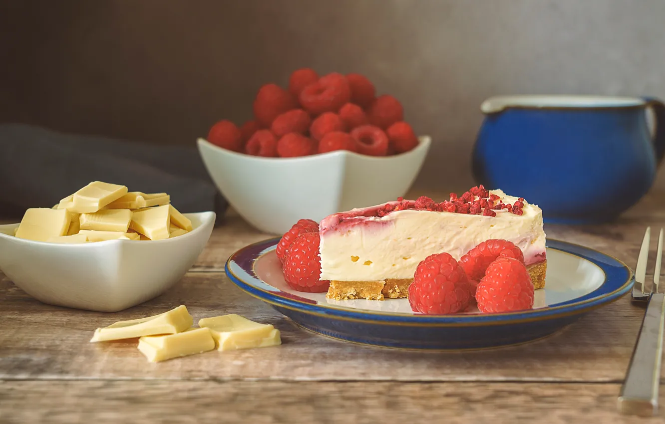 Фото обои ягоды, малина, сыр, тарелка, вилка, десерт, чизкейк