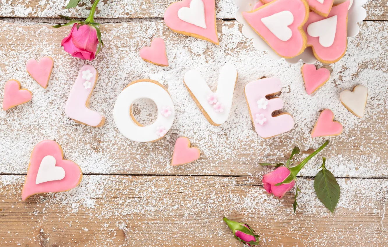 Фото обои буквы, Love, еда, розы, печенье, сердечки, выпечка, сахарная пудра