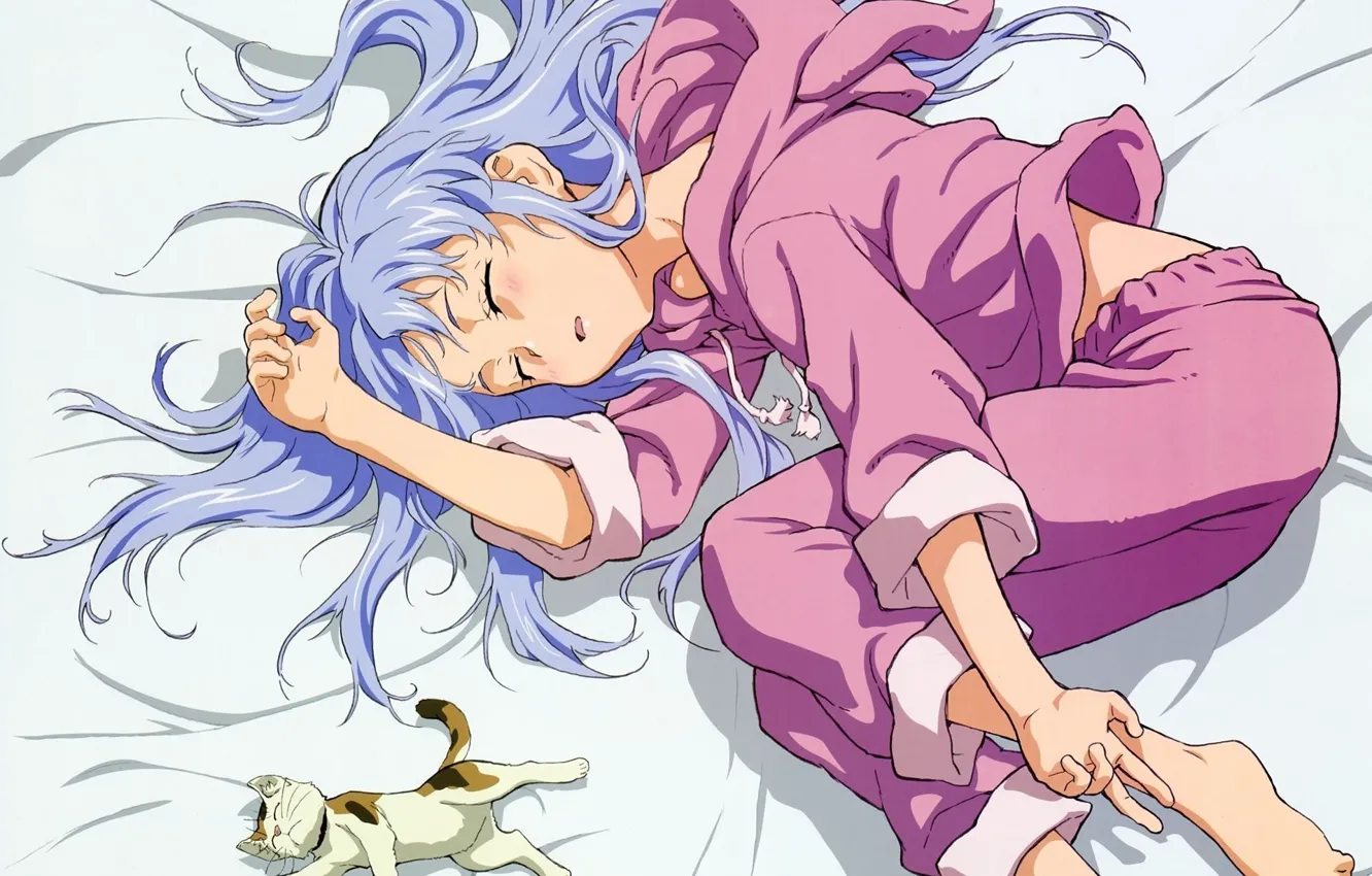 Фото обои сон, девочка, пижама, котёнок, To Aru Majutsu no Index, голубые волосы, на постели, Индекс волшебства