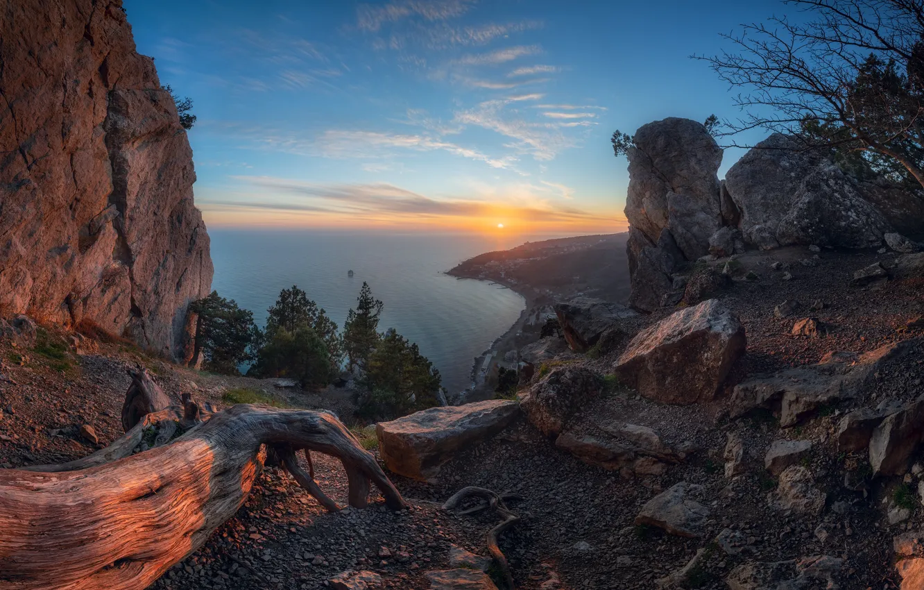 Фото обои море, пейзаж, закат, горы, природа, камни, берег, Крым