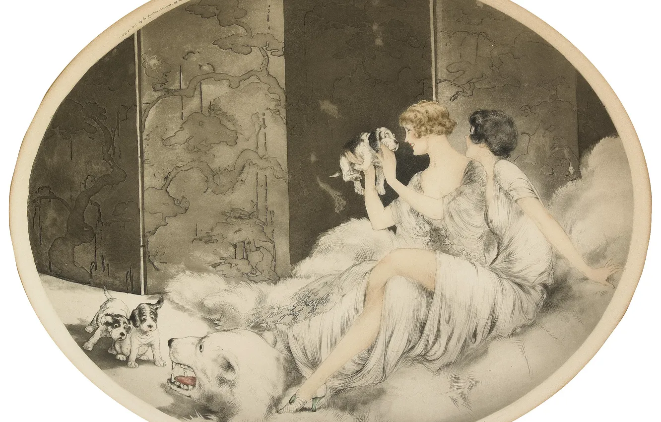Фото обои Щенки, 1925, Louis Icart, арт-деко, офорт и акватинта, голова белого медведя