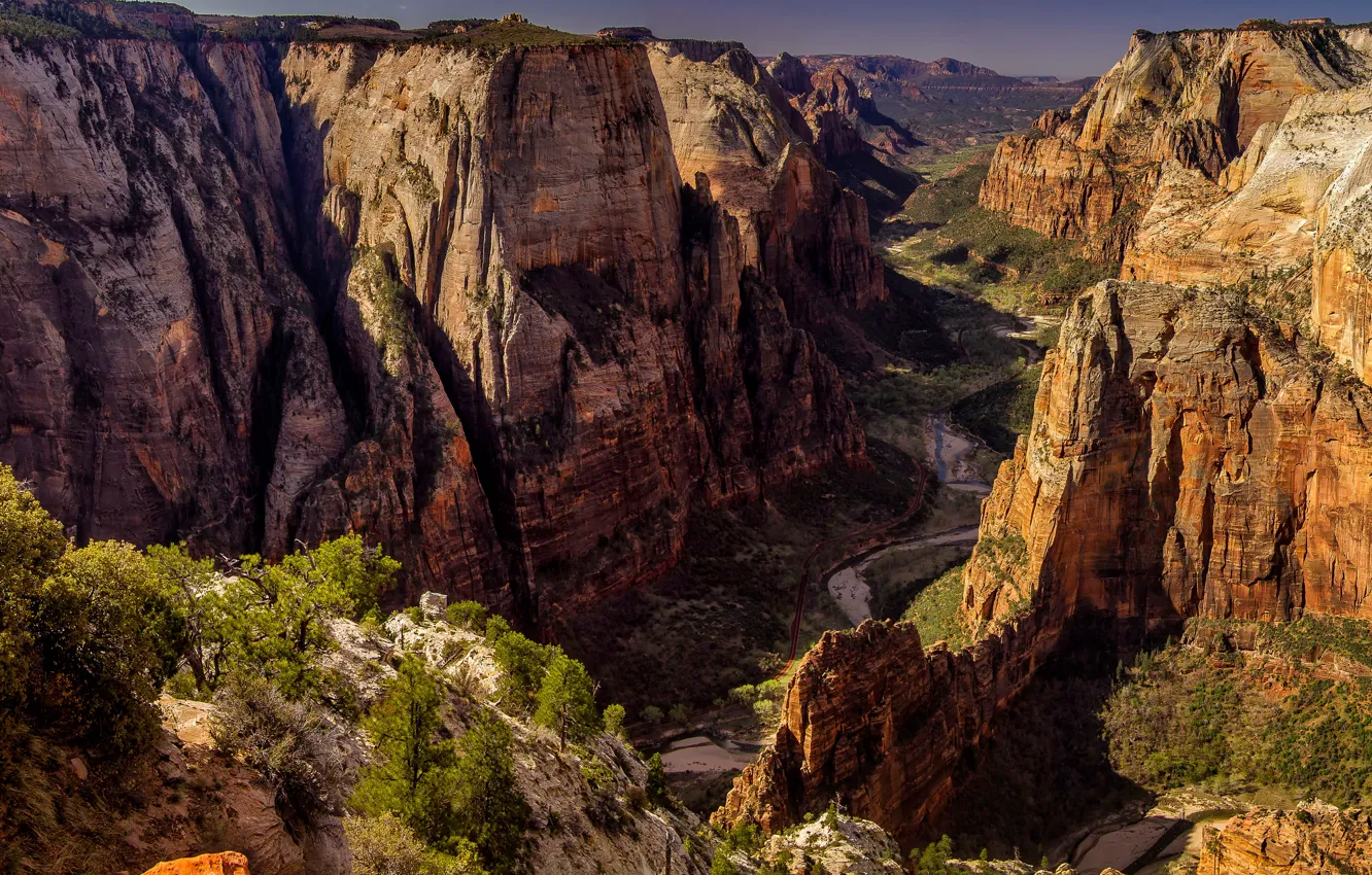 Фото обои солнце, деревья, горы, камни, скалы, высота, каньон, панорама