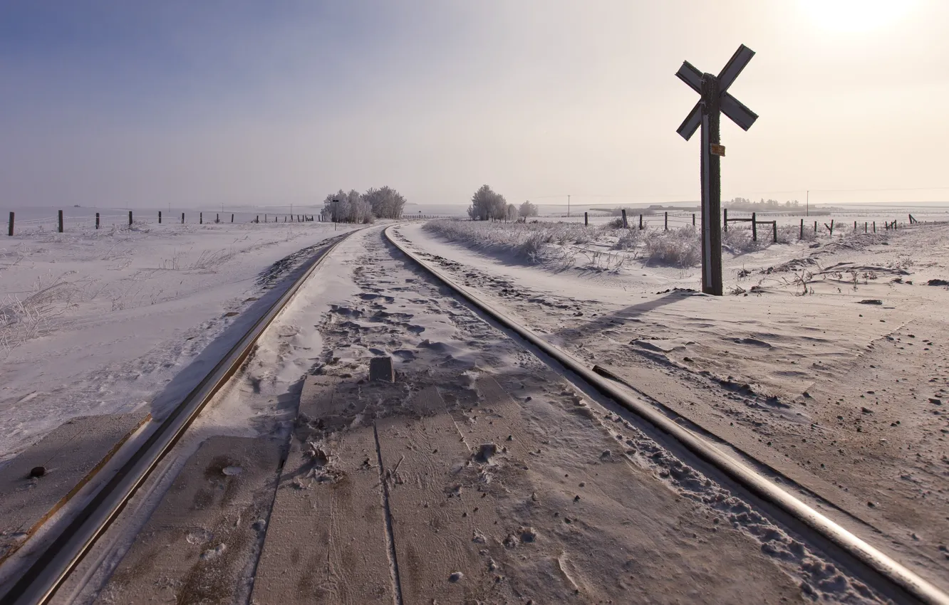 Фото обои зима, дорога, снег, железная дорога