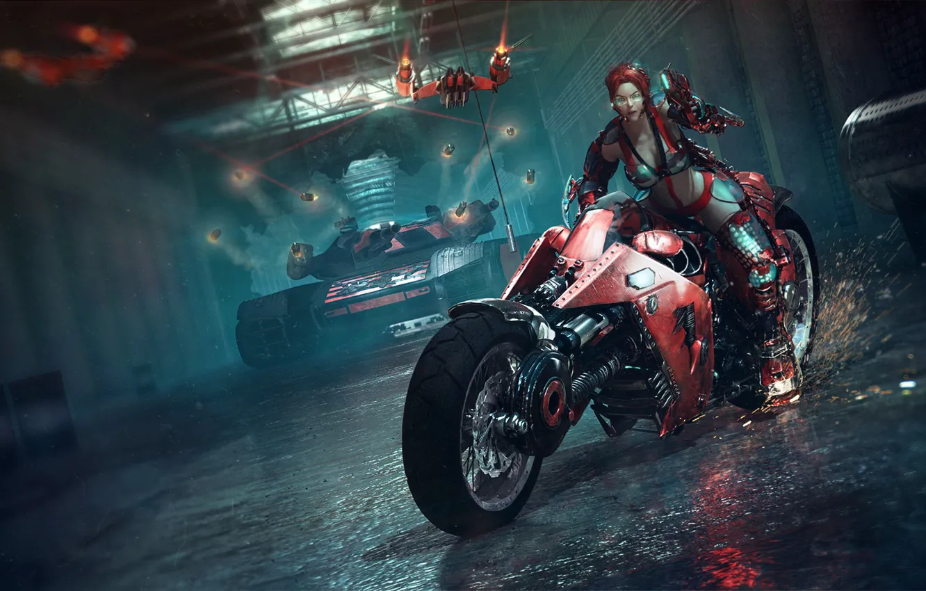 Фото обои девушка, оружие, красное, арт, очки, искры, мотоцикл, танк