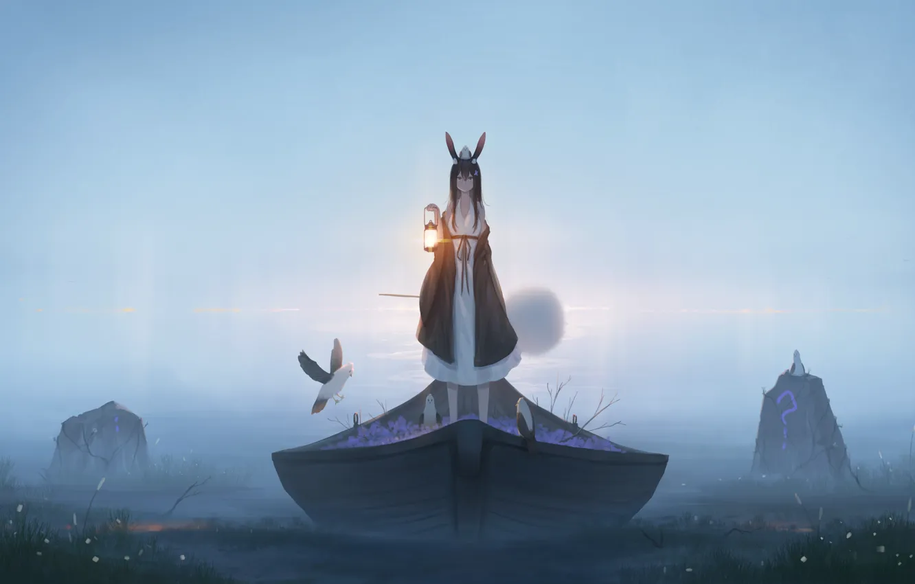Фото обои девушка, птицы, туман, лодка, фонарь
