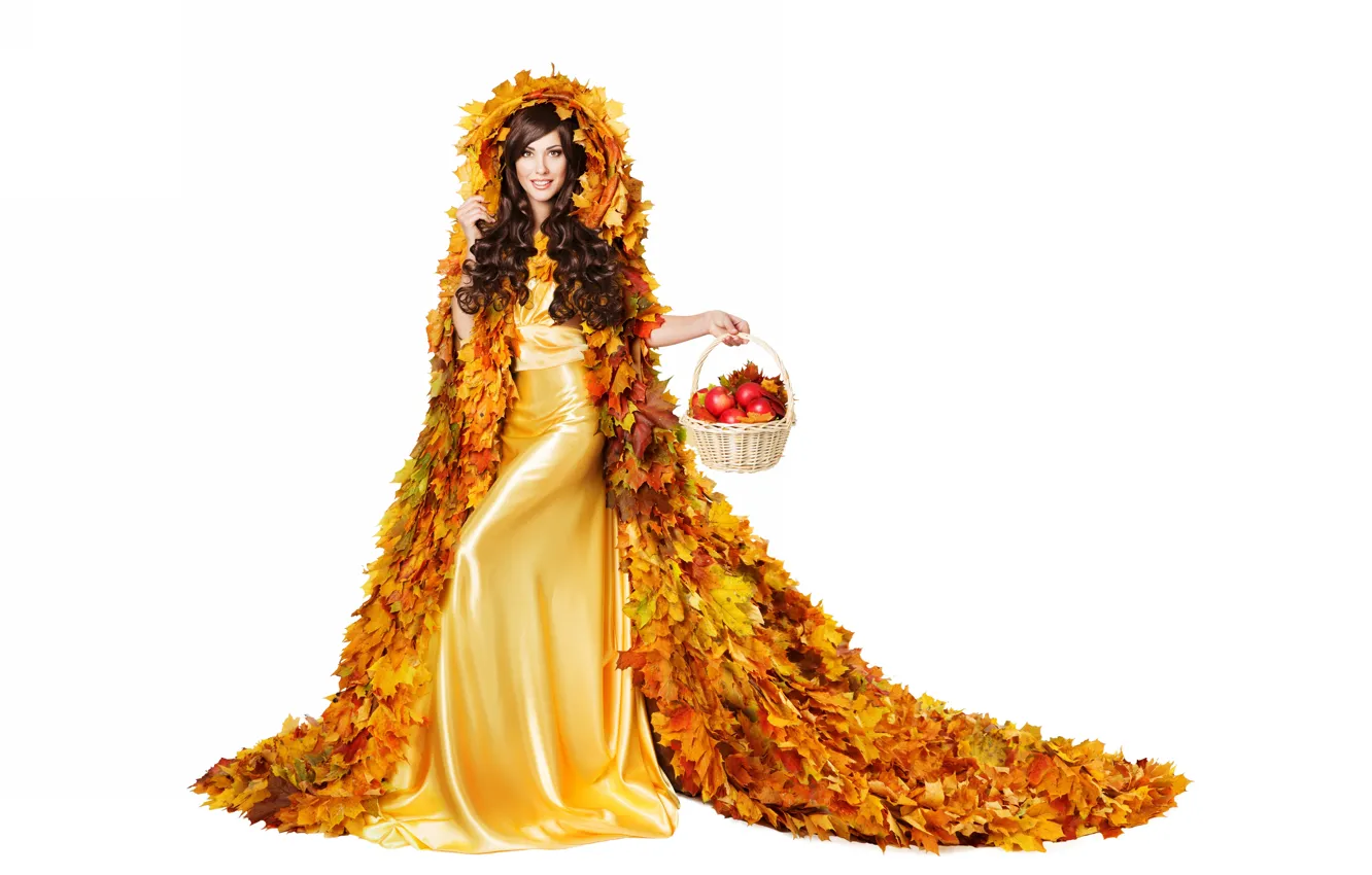 Фото обои осень, листья, девушка, яблоки, платье, корзинка