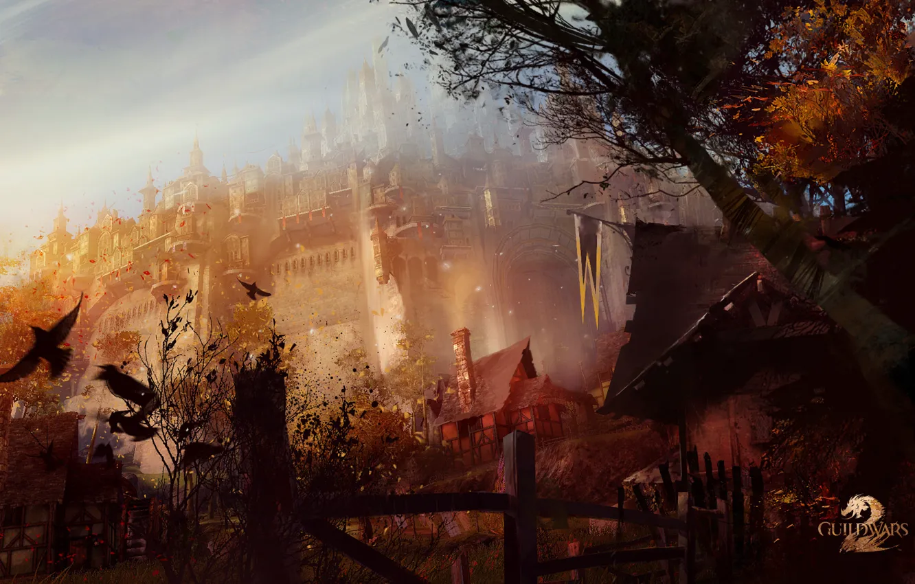 Фото обои осень, небо, замок, дерево, стены, забор, вороны, хижина