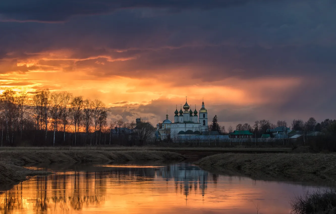 Фото обои пейзаж, закат, природа, отражение, река, вечер, храм, берега